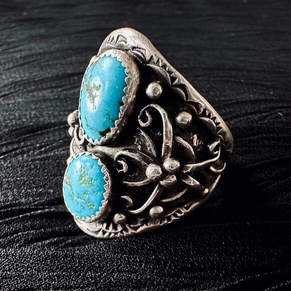 Vintage Navajo Kingman Turquoise Sterling Silver Squash Blossom Ring Size 14.5
